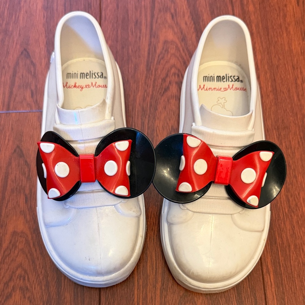 Mini Melissa White Minnie Mouse ears with Red and Black Polka Dot Bow shoes